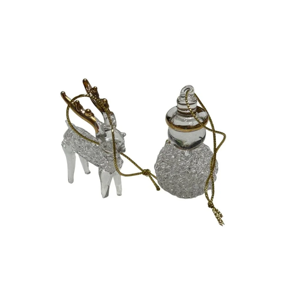 2 pc Handblown Glass Christmas Ornaments Gold trimmed Deer and Snowman - Picture 2 of 6